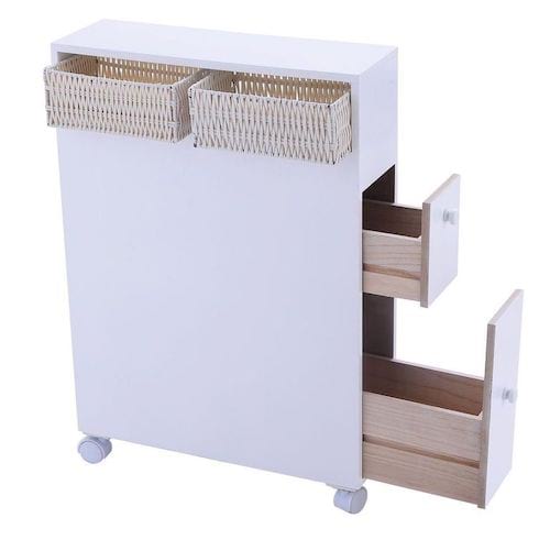 Meuble de rangements avec des minis panier à l'intérieur et plusieurs tiroirs