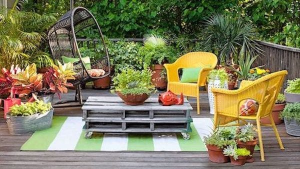 Pont en bois rénové avec plusieurs plantes