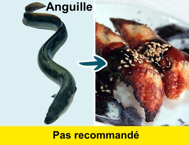 Éviter de manger de l'anguille car c'est un poisson qui absorbe les déchets industriels dans l'eau