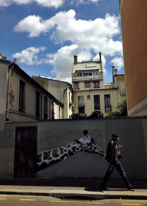 Tag d'une girafe sur un mur suivit d'une personne passant devant