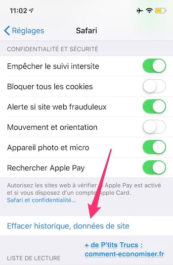 Supprimez le cache et l'historique Safari pour gagner de l'espace