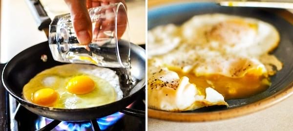 Ajoutez un filet d'eau pour réussir une cuisson parfaite des œufs au plat.