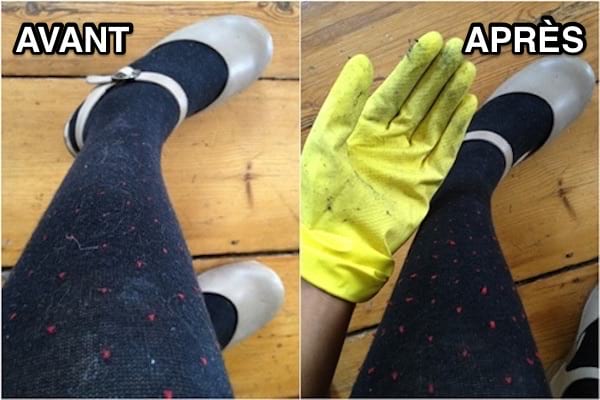 gant en plastique sur collant en laine noire