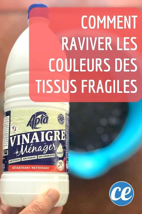 Bouteille de vinaigre blanc au dessus d'une bassine bleu pour raviver les couleurs du linge