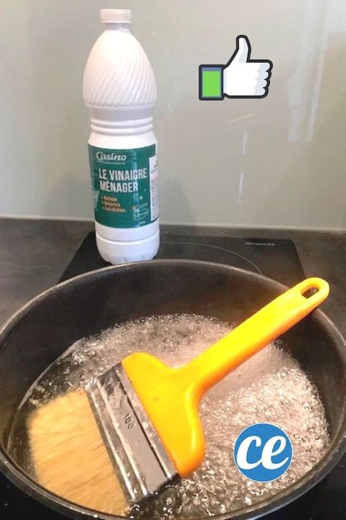 Pinceau dans une casserole de vinaigre blanc en train de bouillir pour le ramollir