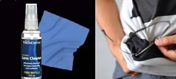 Un flacon de nettoyant lunettes versus un nettoyage de lunettes de vue avec un coin de chemise.