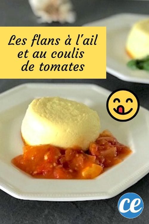 2 assiettes avec un flan à l'ail, son coulis de tomate et 1 gousse d'ail