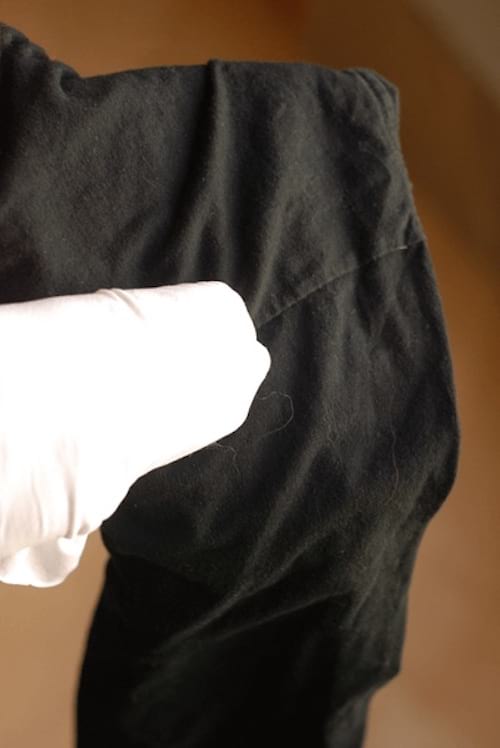 main dans un collant nylon pour attraper poils sur vetement noir