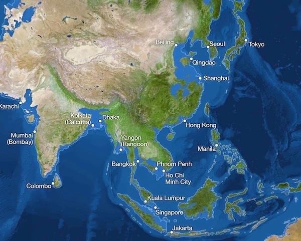 Carte asie simulation hausse des océans