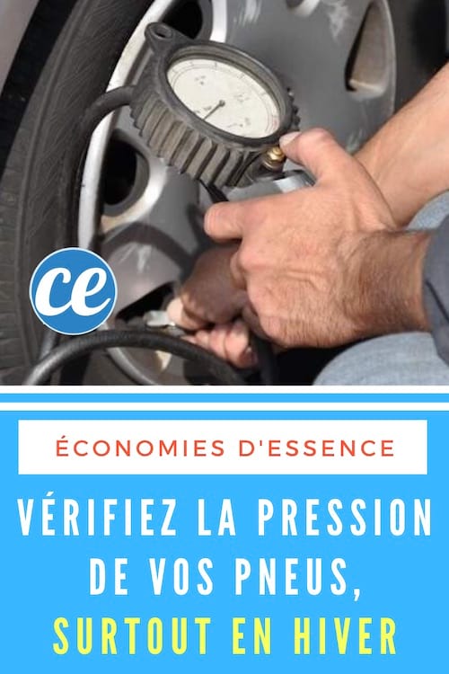 Un homme vérifie la pression des pneus de la voiture pour économiser de l'essence.