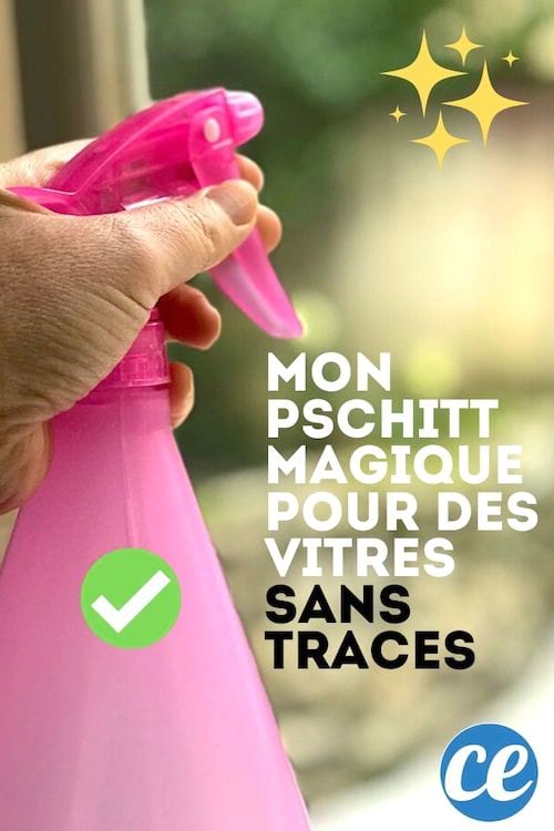 Un bouteille pschitt rose avec du vinaigre blanc et une vitre nickel sans traces