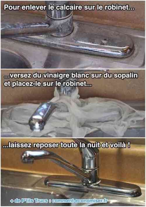 Un robinet plein de calcaire nettoyé avec du vinaigre blanc et du sopalin