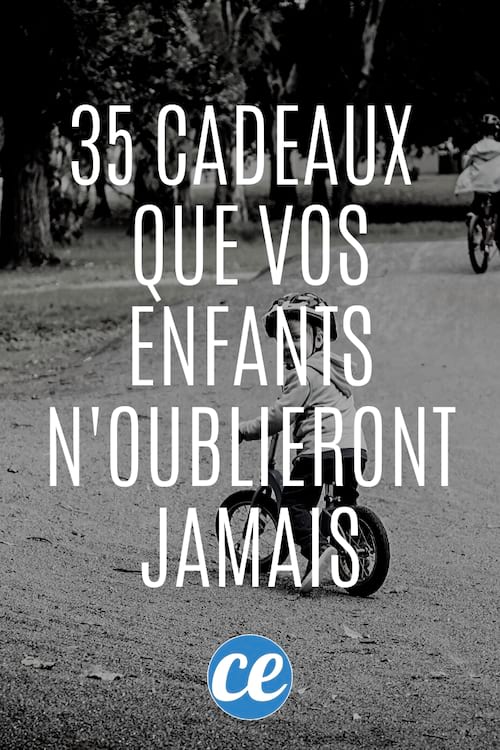 Petit enfant sur un vélo sur une route avec un texte : 35 Cadeaux Que Vos Enfants N'oublieront JAMAIS.