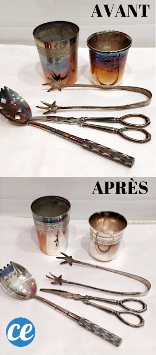 Argenterie noircie avant et argenterie brillante après utilisation du bicarbonate