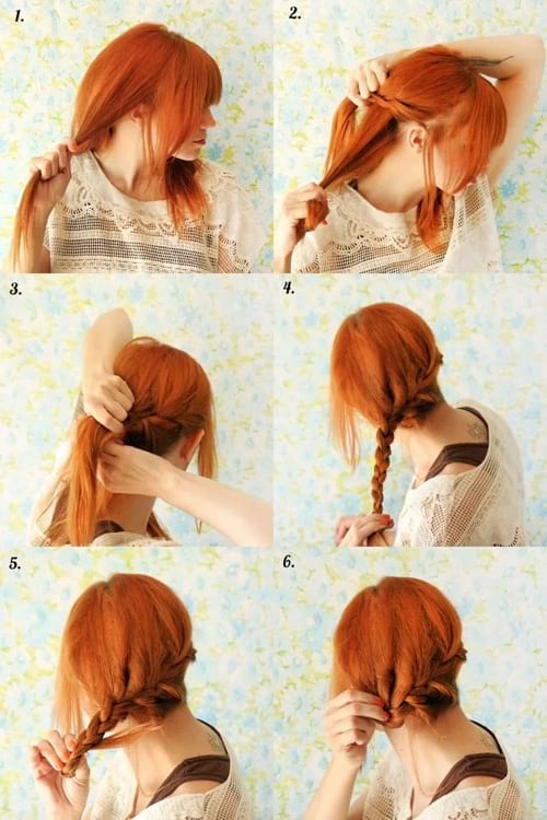 Une jeune femme rousse montre comment aire une couronne de cheveux tressée sur la nuque en 6 photos