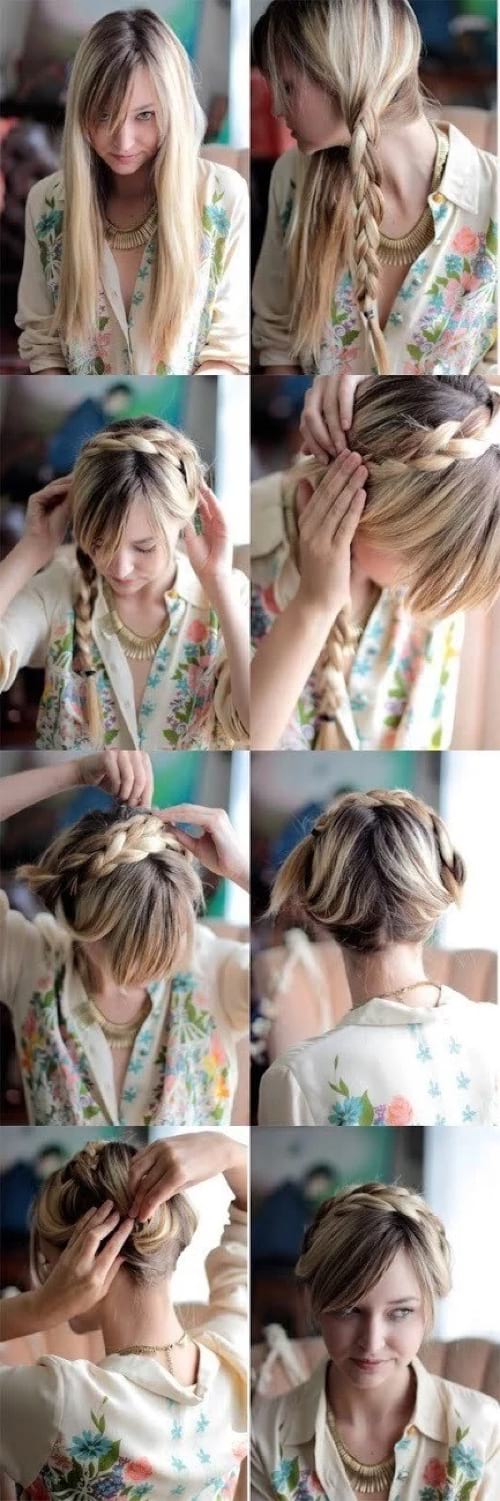 Une jeune femme blonde fait un tuto pour faire une couronne tressée de cheveux sur le haut de la tête