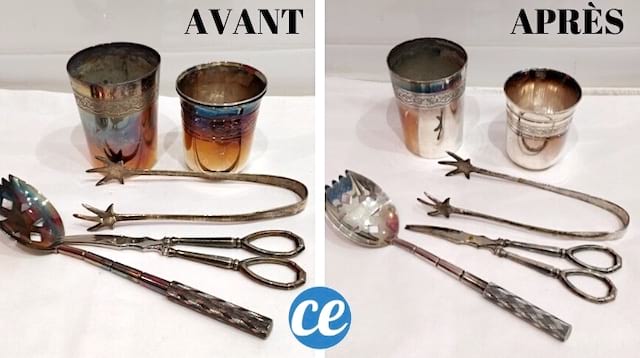 Argenterie toute noircie à gauche et toute brillante à droite après avoir utiliser du bicarbonate