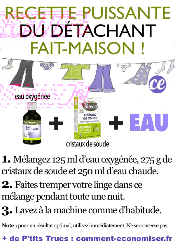 La recette du détachant DIY : eau oxygénée, cristaux de soude et eau chaude.