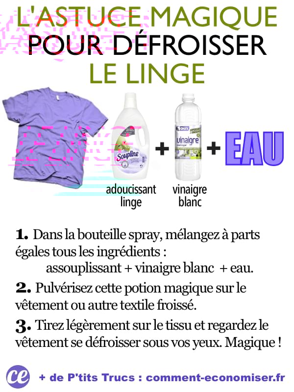 Comment défroisser les vêtements sans fer à repasser ? Utilisez de l'adoucissant, du vinaigre blanc et de l'eau