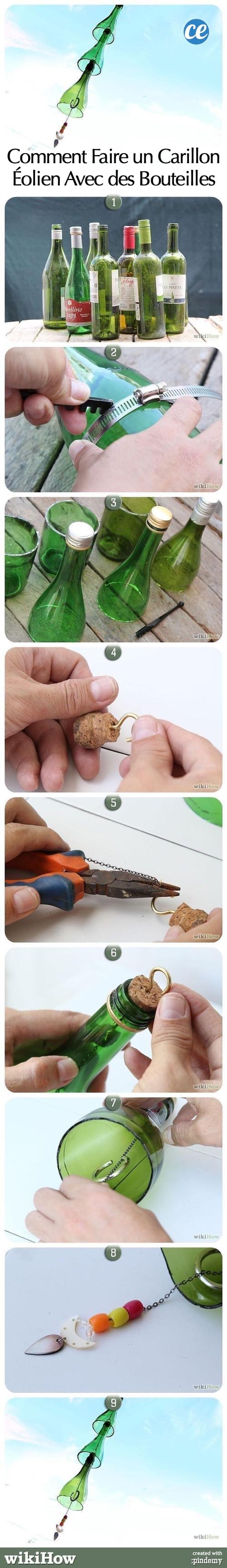 Carillon éolien crée avec plusieurs bouteille de vin 
