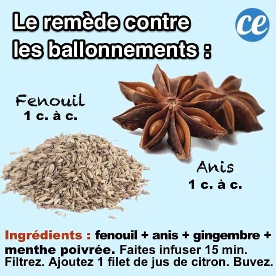 Remède avec du fenouil, de l'anis, du gingembre et de la menthe contre les ballonnements