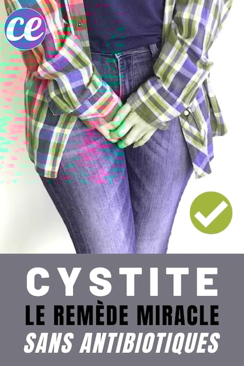 fille en jean bleu et chemise a carreau qui a une cystite avec un texte : CYSTITE le remède miracle sans antibio