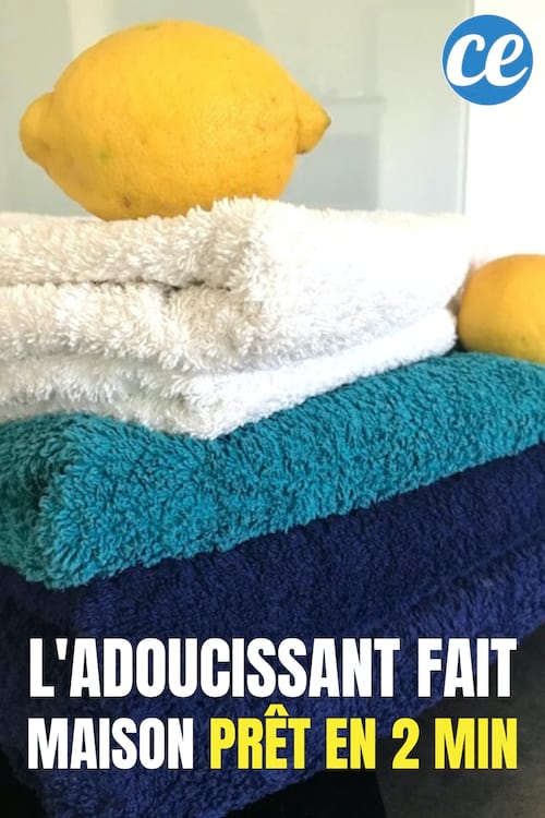 serviettes éponges bleues et blanches avec 2 citrons et texte : l'adoucissant maison prêt en 2 min