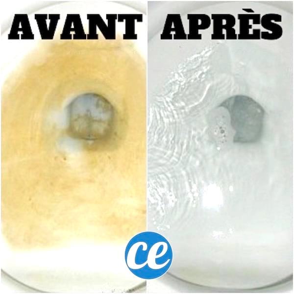 Un fond de cuvette avant et après utilisations des astuces faciles pour enlever le tartre dans les toilettes.