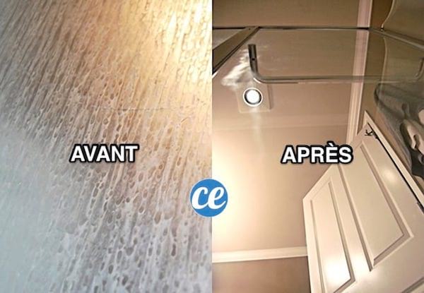 Une porte de douche à gauche pleine de calcaire et à droite une porte de douche propre grâce au vinaigre blanc