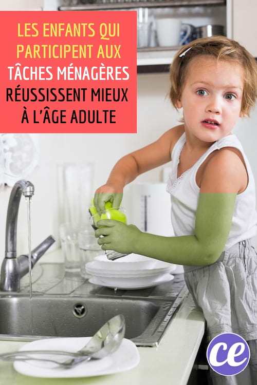 Petite fille blonde qui fait la vaisselle avec un texte : Enfants qui Participent aux Tâches Ménagères Réussissent Mieux