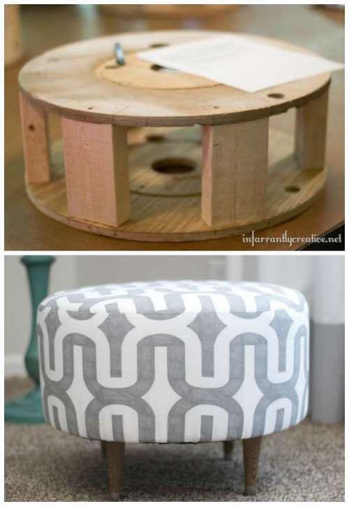 Touret transformé en mini pouf gris 