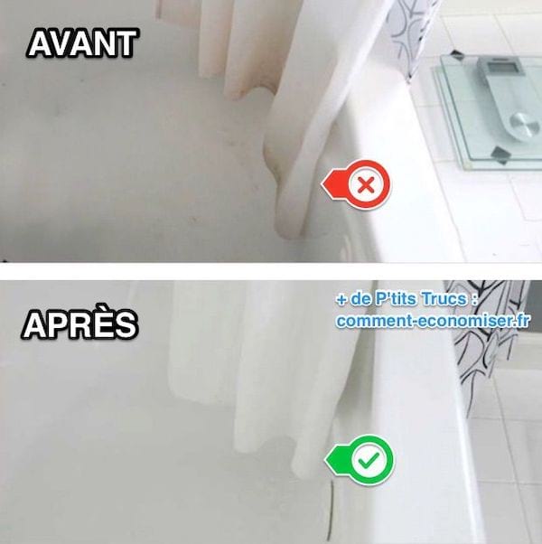 Un rideau de douche moisi avant et le même rideau tout propre après un nettoyage au bicarbonate