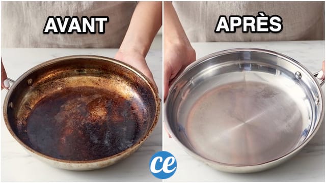 A gauche une poêle brûlée et à droite une poêle récupérée grâce au vinaigre blanc
