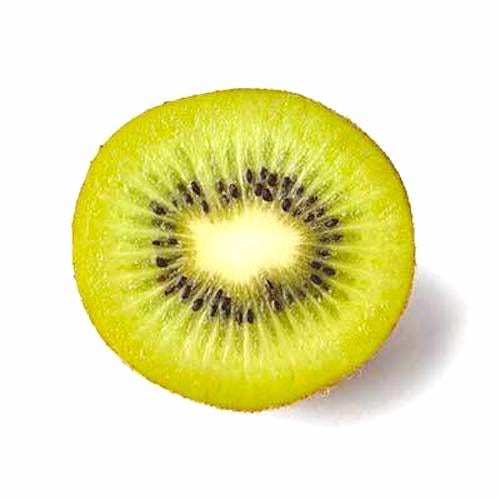 Une tranche de kiwi sur fond blanc.