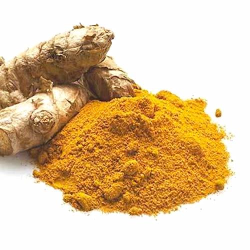 Une racine de curcuma et du curcuma en poudre sur fond blanc.