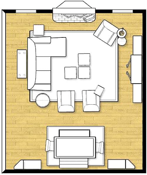 Un aménagement des meubles du salon qui évitent d'obstruer les fenêtres.