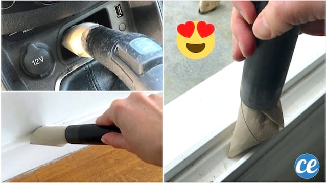 Use a roll of cardboard paper as a nozzle for the vacuum cleaner to clean the dust