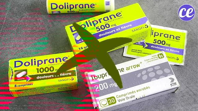 Des boîtes jaunes de doliprane et 1 boîte d'ibuprofen qu'il faut éviter de prendre pendant le coronavirus