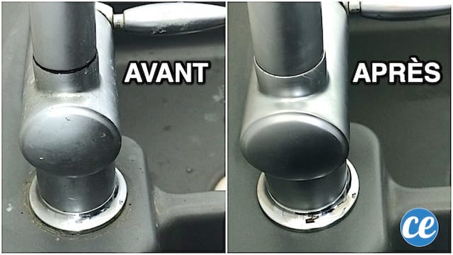 Un robinet en inox à gauche qui est encrassé et à droite un robinet propre nettoyé avec du bicarbonate