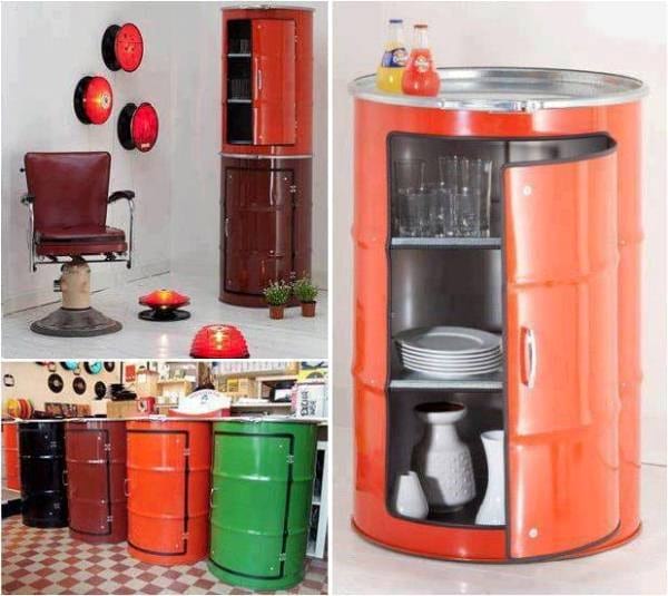 Des tonneaux métalliques comme espace de rangement pour la cuisine