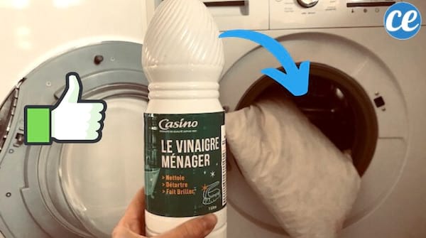 oreillers dans une machine à laver avec une bouteille de vinaigre blanc