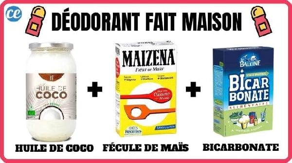 Recette facile du déodorant fait maison : huile de coco + fécule de maïs + bicarbonate.