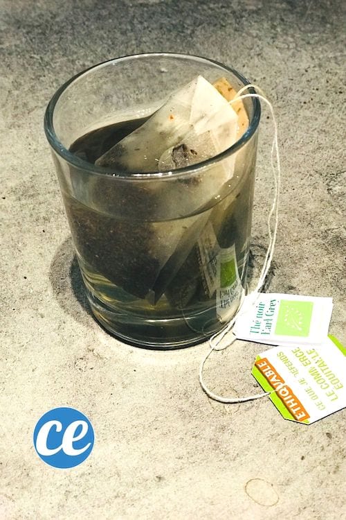 Deux sachets de thé conservés usagés dans un petit verre d'eau