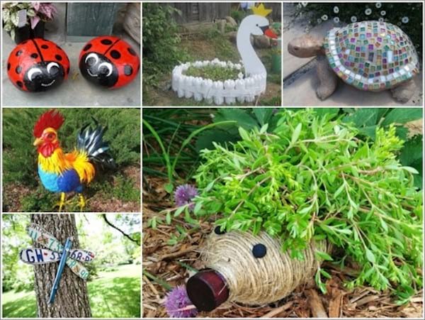 Plusieurs créatures de jardin crées avec des matériaux recyclés