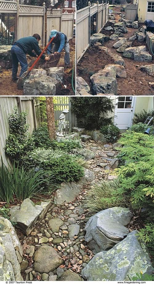 Plusieurs hommes créant un jardin de ruisseau sec