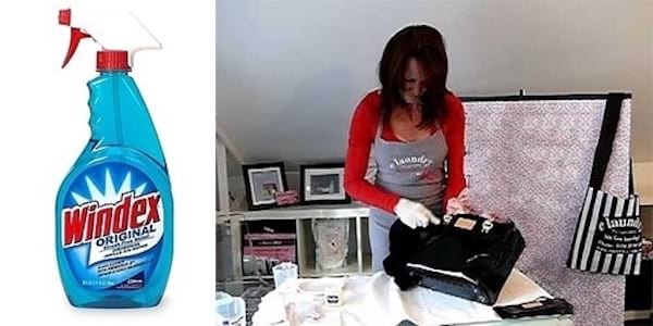 Femme qui nettoie du cuir verni avec un nettoyant vitres