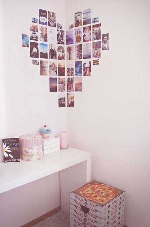 Several photos forming a heart as a decoration on a wall 