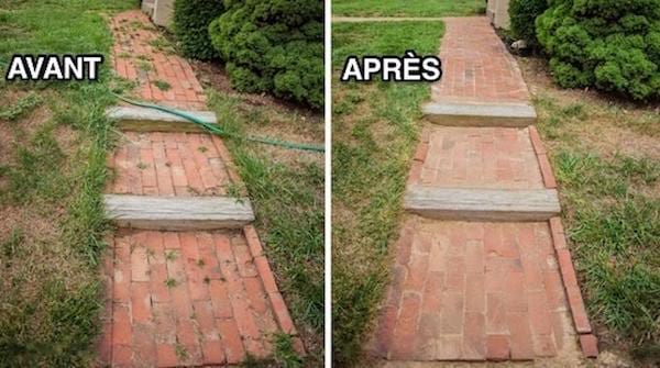 Une allée désherbée avec du vinaigre blanc