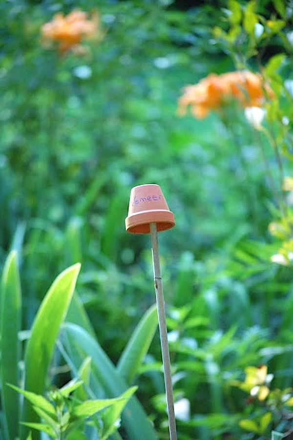 Un pot de fleur retourné sur un bout de bois en étiquette de potager