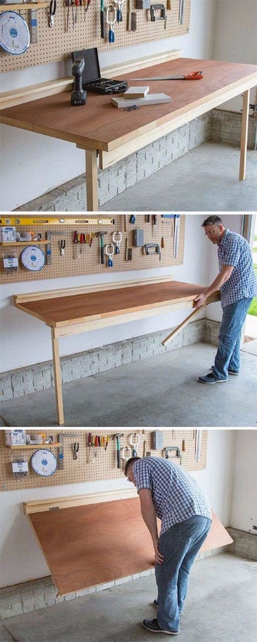 Homme construisant une table de rangements en bois 